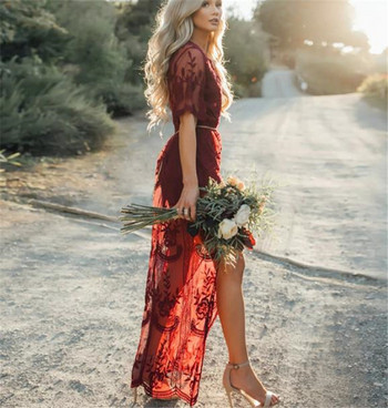 Rochie lungă de damă elegantă, cu decolteu în V și dantelă