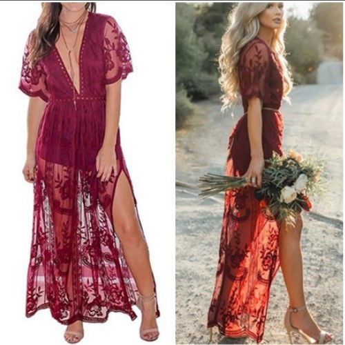 Rochie lungă de damă elegantă, cu decolteu în V și dantelă