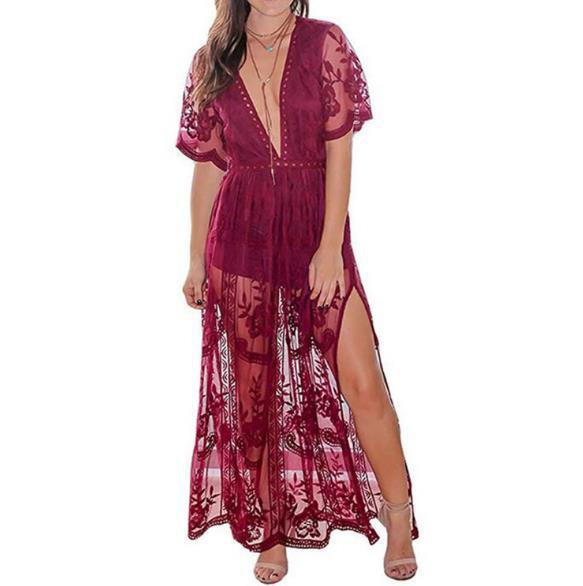 Rochie lungă de damă elegantă, cu decolteu în V și dantelă