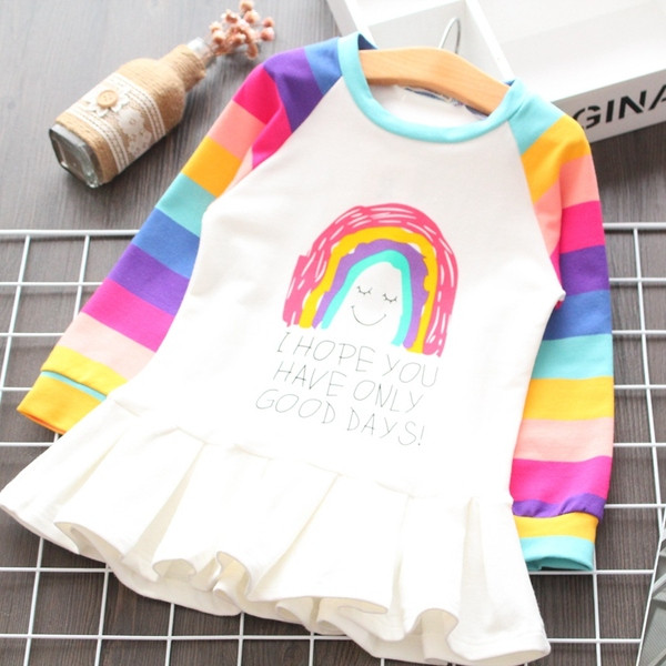 Model nou de rochie colorata pentru copii cu maneci lungi pentru fete