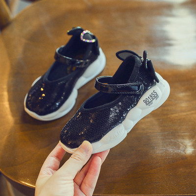 Pantofi copii moderni pentru fete cu paiete si panglica in roz si negru