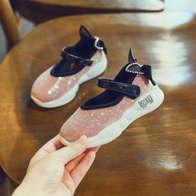 Pantofi copii moderni pentru fete cu paiete si panglica in roz si negru