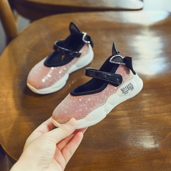 Pantofi copii moderni pentru fete cu paiete si panglica in roz si negru