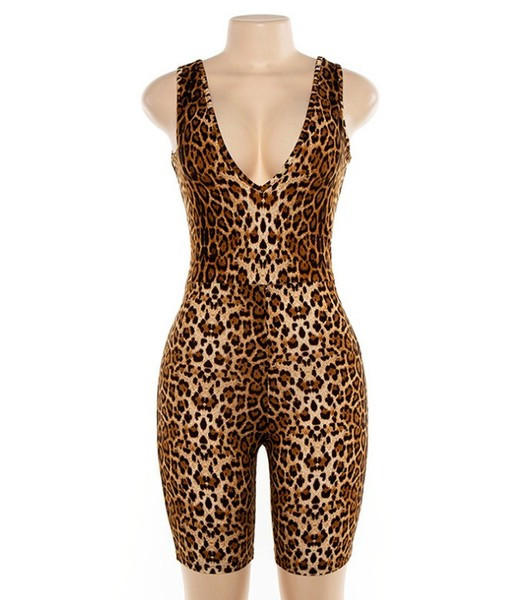 Salopetă de damă modernă cu decolteu adânc și model leopard