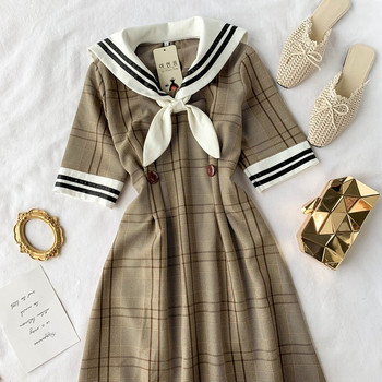 Rochie dama in carouri cu maneca scurta de culoare maro