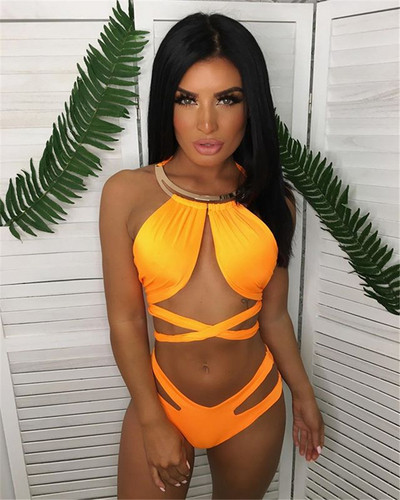 Costum de baie actual din două piese cu cravate în portocaliu