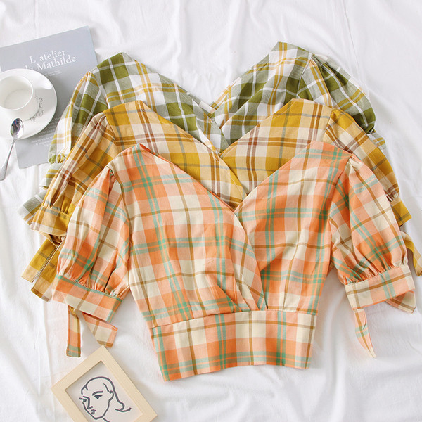 Bluza dama in carouri model nou cu decolteu in V - mai multe culori