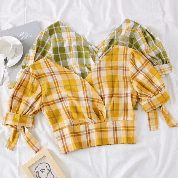 Bluza dama in carouri model nou cu decolteu in V - mai multe culori