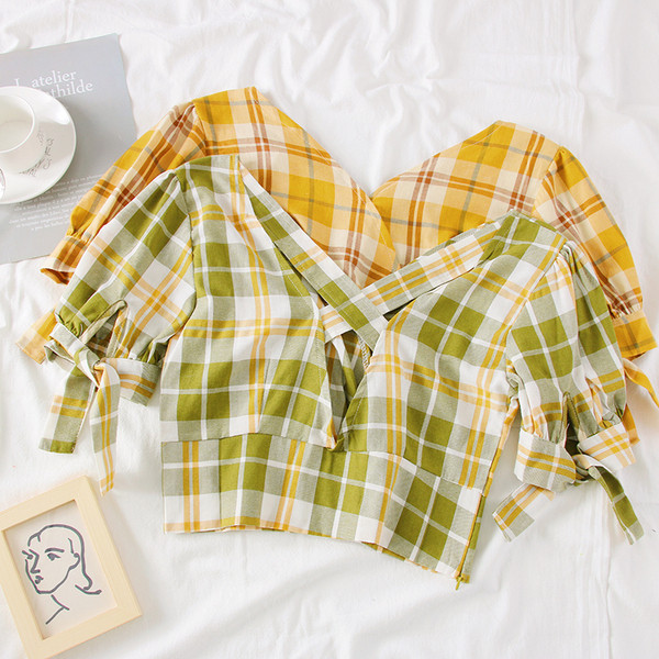 Bluza dama in carouri model nou cu decolteu in V - mai multe culori