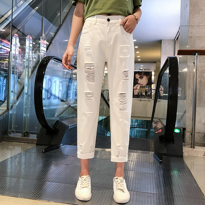 Blugi moderni de dama cu talie inalta - in culoarea alba