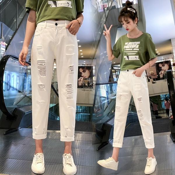 Blugi moderni de dama cu talie inalta - in culoarea alba