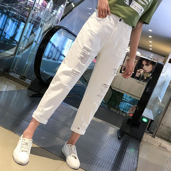 Blugi moderni de dama cu talie inalta - in culoarea alba