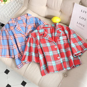 Cămașă scurtă de damă în carouri în roșu și albastru