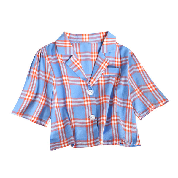Cămașă scurtă de damă în carouri în roșu și albastru
