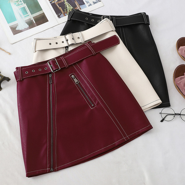 Fusta de dama moderna din imitatie de piele cu curea si fermoar in mai multe culori