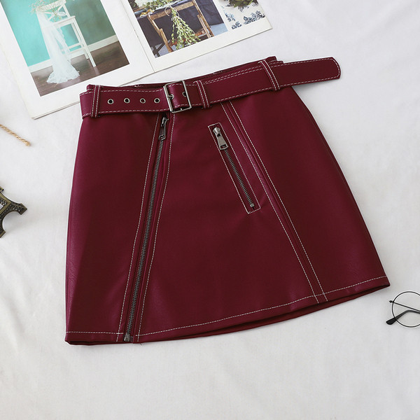 Fusta de dama moderna din imitatie de piele cu curea si fermoar in mai multe culori