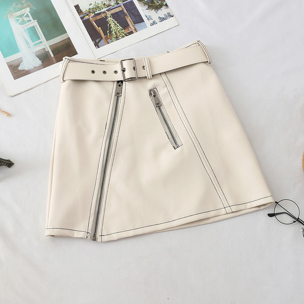 Fusta de dama moderna din imitatie de piele cu curea si fermoar in mai multe culori