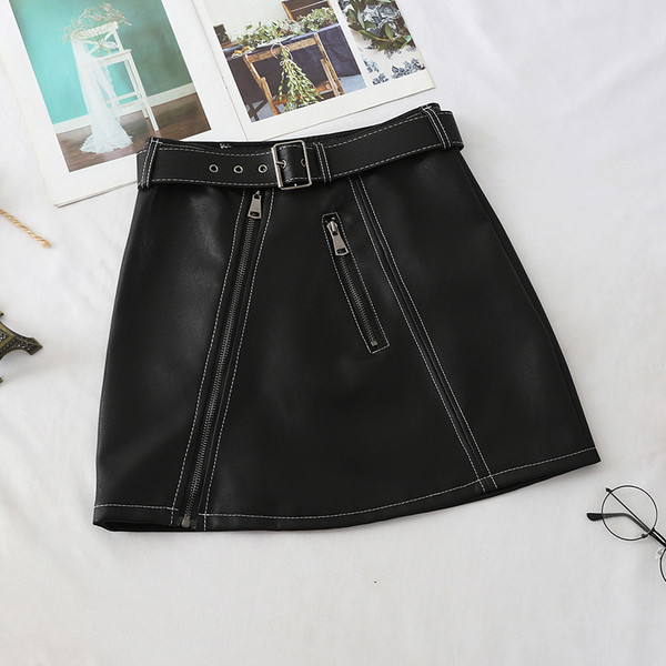 Fusta de dama moderna din imitatie de piele cu curea si fermoar in mai multe culori