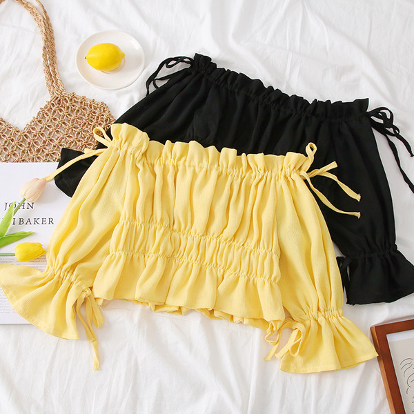 Bluză de damă modernă cu umerii goi și mâneci 3/4 - galben și negru