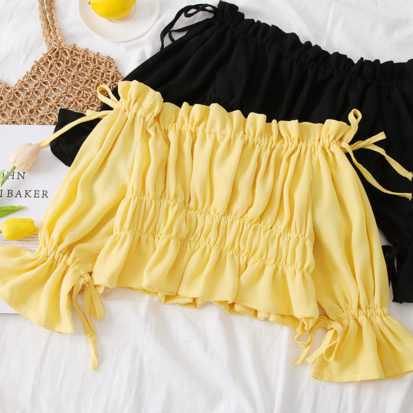 Bluză de damă modernă cu umerii goi și mâneci 3/4 - galben și negru