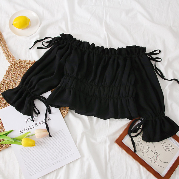 Bluză de damă modernă cu umerii goi și mâneci 3/4 - galben și negru