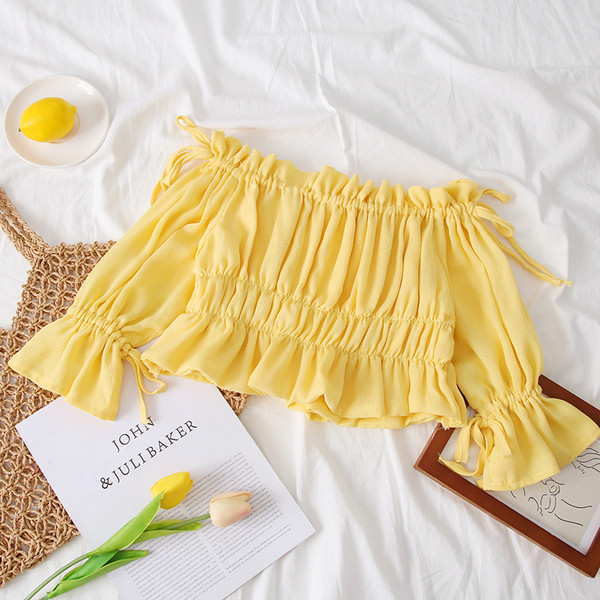 Bluză de damă modernă cu umerii goi și mâneci 3/4 - galben și negru