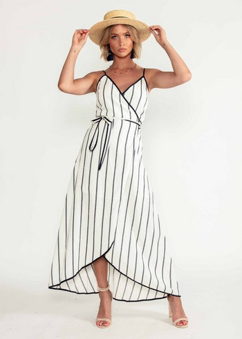 Rochie moderna de dama cu bretele subtiri si cravate in culoarea alba