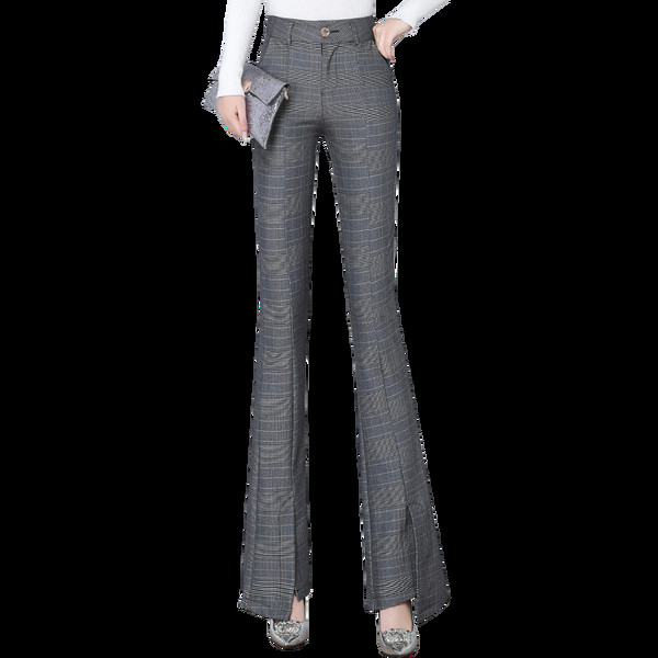 Модерен дамски панталон в сив цвят-с висока талия и джобове