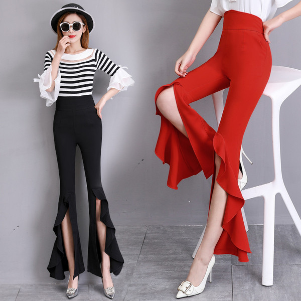 Дамски панталон с висока талия-в червен и черен цвят