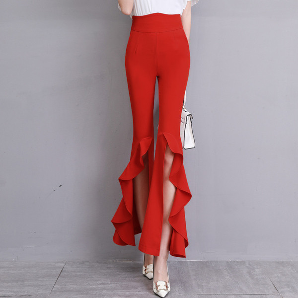 Дамски панталон с висока талия-в червен и черен цвят