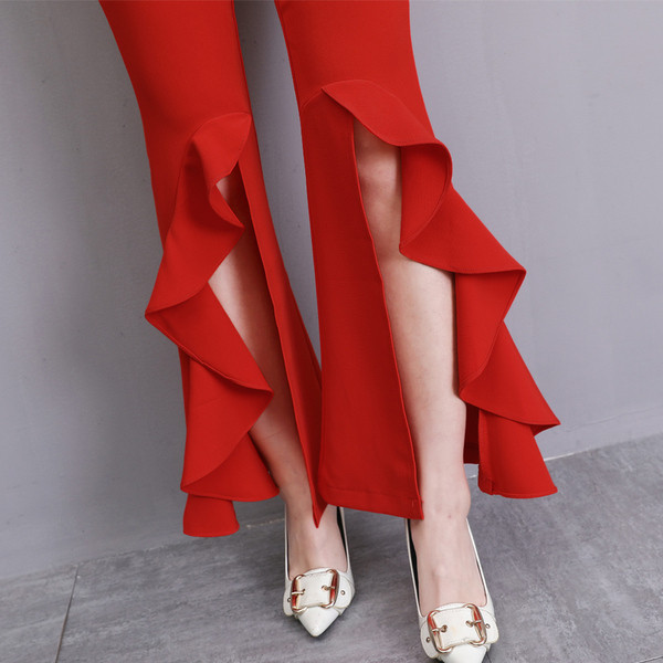 Дамски панталон с висока талия-в червен и черен цвят