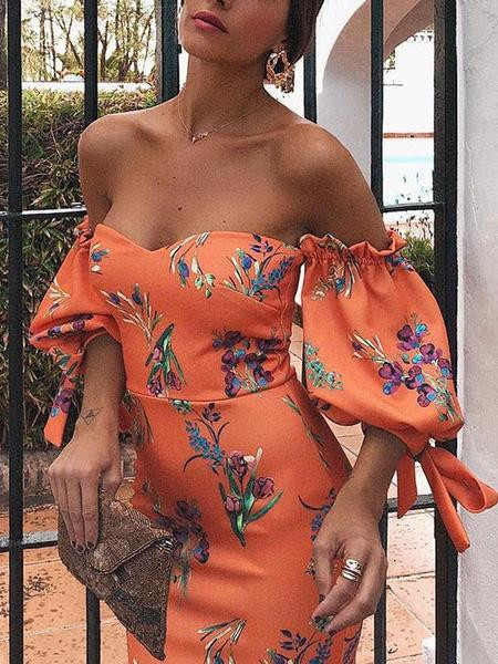 Rochie elegantă de damă, cu umerii goi și motiv floral