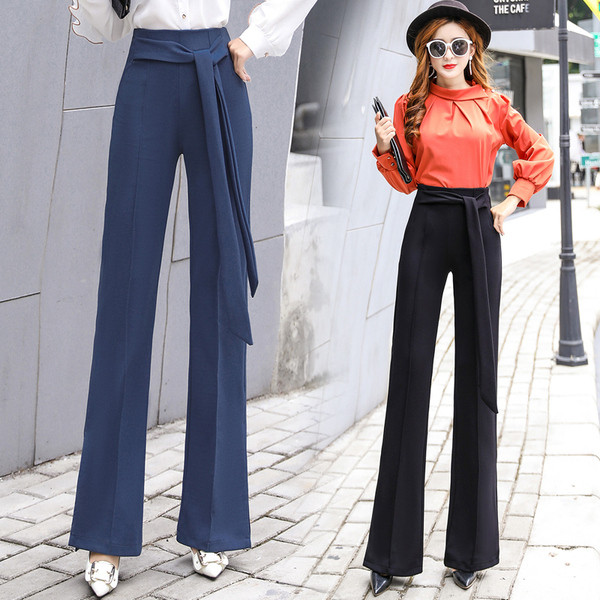 Pantaloni moderni de damă cu talie înaltă - în albastru și negru