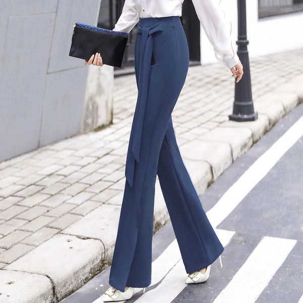 Pantaloni moderni de damă cu talie înaltă - în albastru și negru