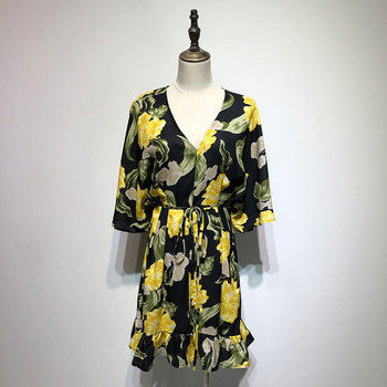 Rochie cu decolteu în V adânc, mâneci 3/4 cu legături în talie