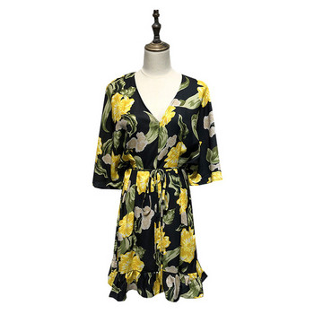 Rochie cu decolteu în V adânc, mâneci 3/4 cu legături în talie