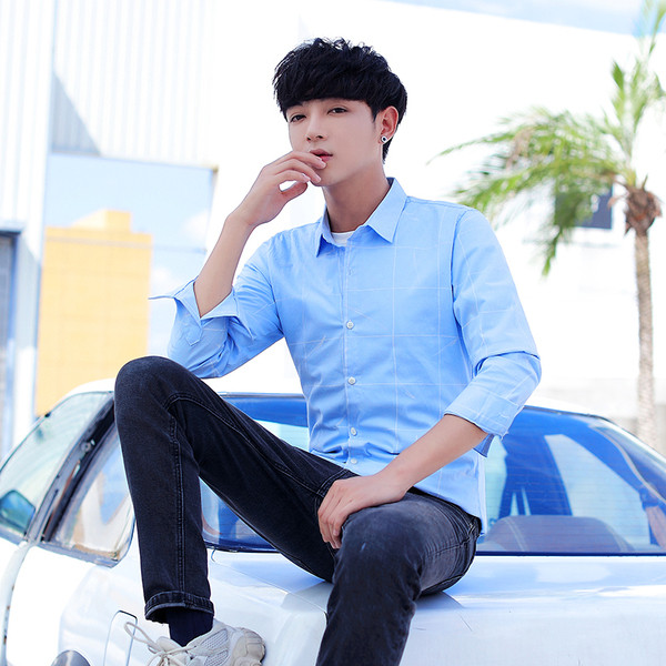 Cămașă modernă pentru bărbați, cu mâneci lungi, în albastru și alb