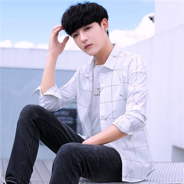 Cămașă modernă pentru bărbați, cu mâneci lungi, în albastru și alb