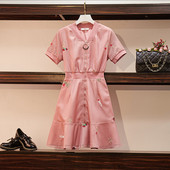 Rochie moderna de dama cu maneci scurte si fermoar in culoarea roz