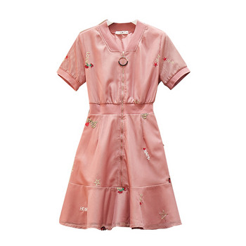 Rochie moderna de dama cu maneci scurte si fermoar in culoarea roz