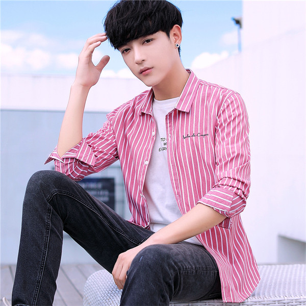 Cămașă bărbătească în dungi în două culori cu broderie