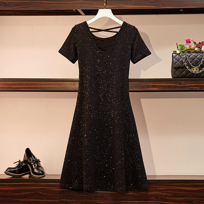 Rochie moderna de dama cu maneci scurte si efect stralucitor in negru