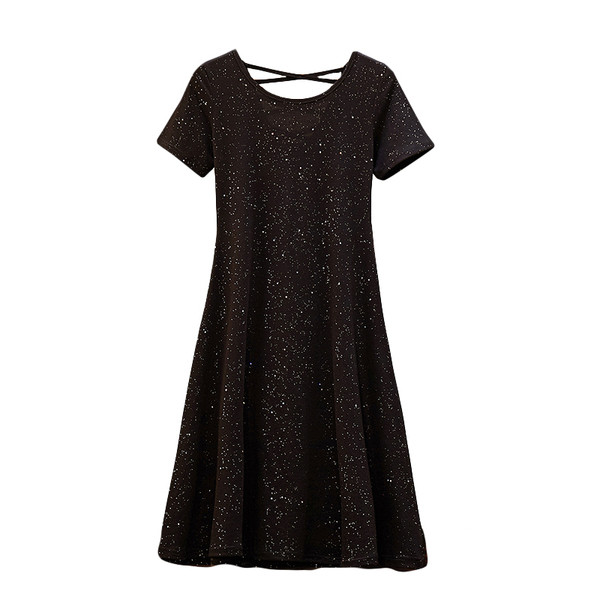 Rochie moderna de dama cu maneci scurte si efect stralucitor in negru