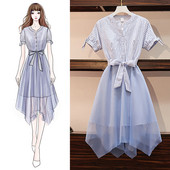 Rochie elegantă de damă cu curea și mâneci scurte în albastru