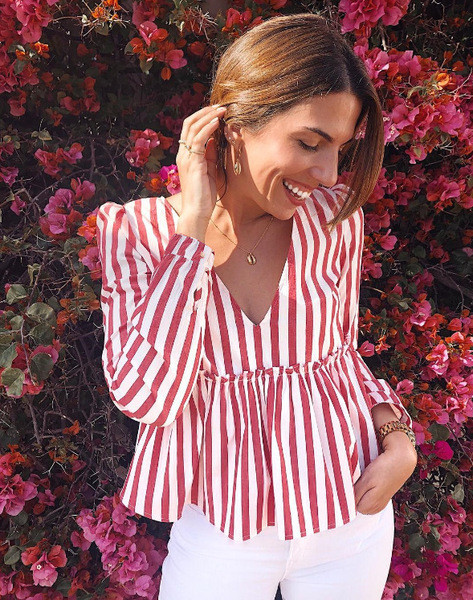 Cămașă modernă de damă cu decolteu în V și mâneci lungi în roșu