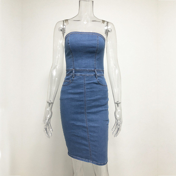 Rochie de dama moderna din denim fara bretele de culoare albastra