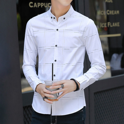 Cămașă elegantă pentru bărbați în alb și albastru - cu nasturi