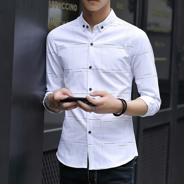 Cămașă elegantă pentru bărbați în alb și albastru - cu nasturi