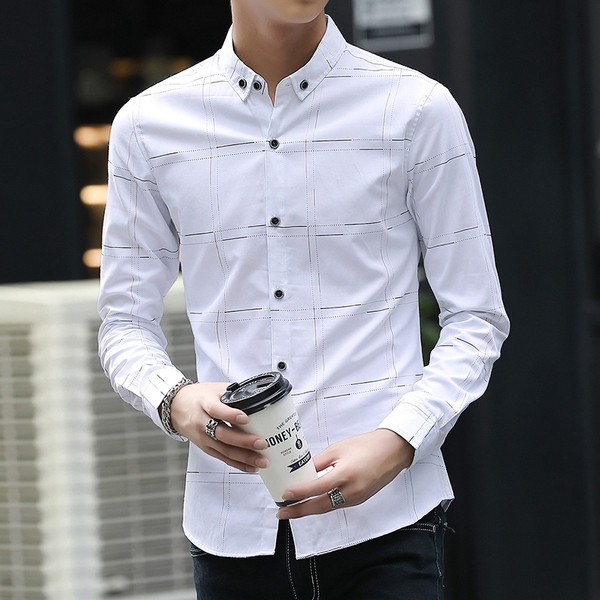 Cămașă elegantă pentru bărbați în alb și albastru - cu nasturi