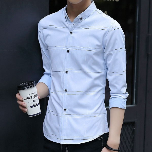 Cămașă elegantă pentru bărbați în alb și albastru - cu nasturi